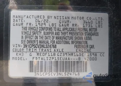 2022 Nissan Kicks Sv Xtronic Cvt z USA, uszkodzony, nr VIN 3N1CP5CV3NL524768